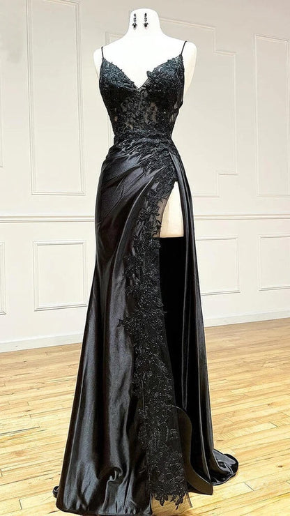 Fashion Black Spaghetti Straps Appliques Prom Dresses Long Evening Party Dress With Slit,LTP4051