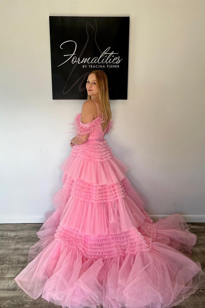 Feather Straps Pink Tiered Ruffle Long Formal Dress