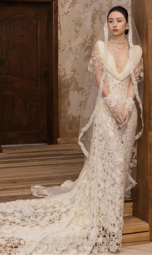 Fling Neck White Mermaid Lace Wedding Dress, Backless Long Bridal Wedding Gown,LTP3671