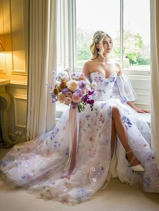 Floral Sweetheart Bubble Sleeves Party Dress, A-Line Split Evening Dress,LTP3703