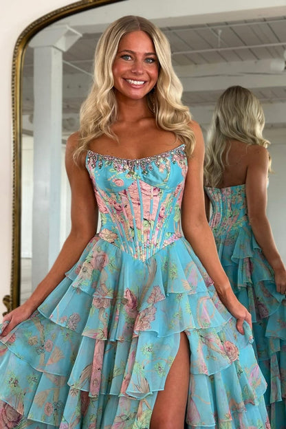 Floral Print Tiered Ruffle Prom Dress with Sparkle Corset Detail & Front Slit