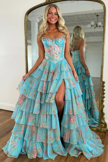 Floral Print A-Line Strapless Tiered Prom Dress with Fitted Corset And Slit