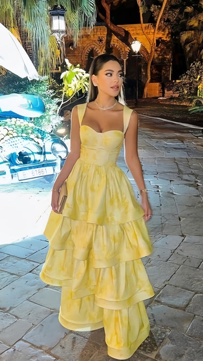 Flowy Ruffle Long Prom Dresses,Yellow Evening Party Dress, LTP3437