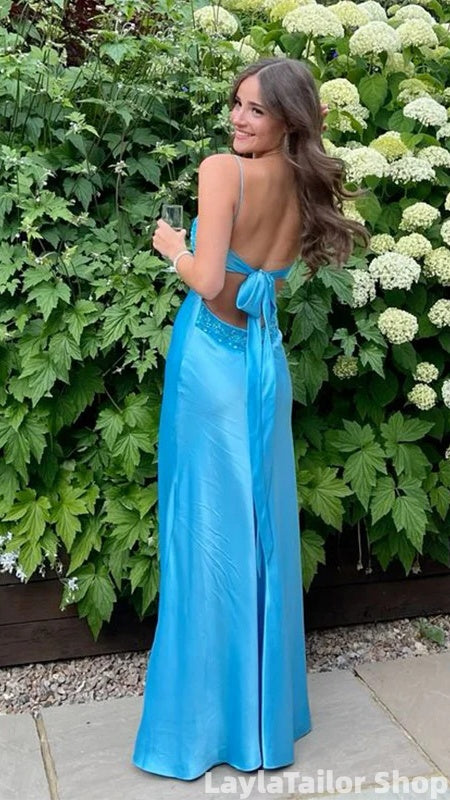 Formal Blue Spaghetti Strap Sleeveless Mermaid Satin Long Prom Dresses Online LTP82702