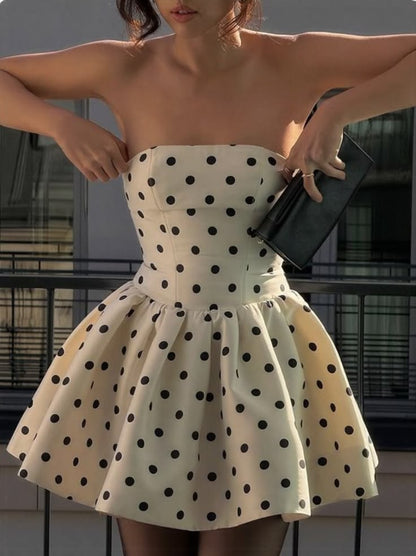 French Backless Bow Polka Dot Tube Top A-line Birthday Skirt Homecoming Dress
