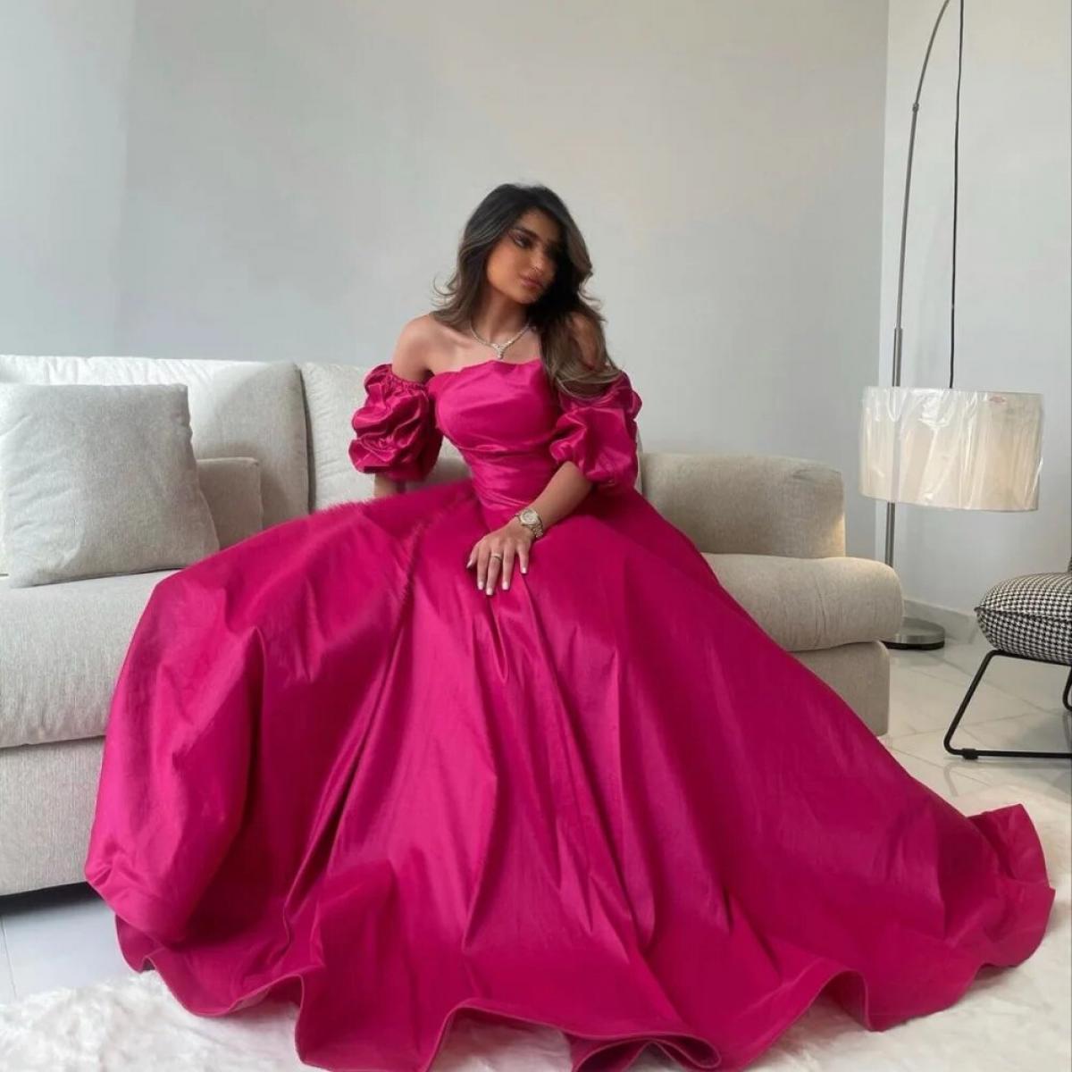 Fuchsia A-Line Satin Prom Dress, Hot Pink Bubble Sleeves Prom Dress In Laylatailor Shop Fuchsia A-Line Satin Prom Dress, Hot Pink Bubble Sleeves Prom Dress In Laylatailor Shop