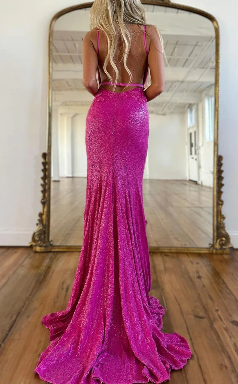 Fuchsia Bodycon Backless Sequin Prom Dresses With Side Slit