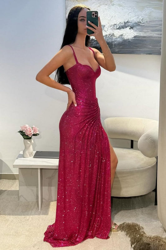 Dark Red Glitter Bodycon Homecoming Dress with Sweetheart Neck Spaghetti Straps Ruched Side Slit