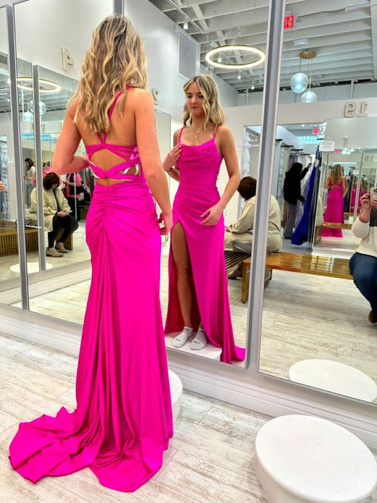 Fuchsia Mermaid Long Slit Prom Dresses