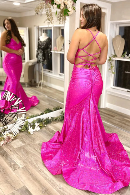 Fuchsia Mermaid Prom Dress Criss Cross Back Prom Dresses 2024