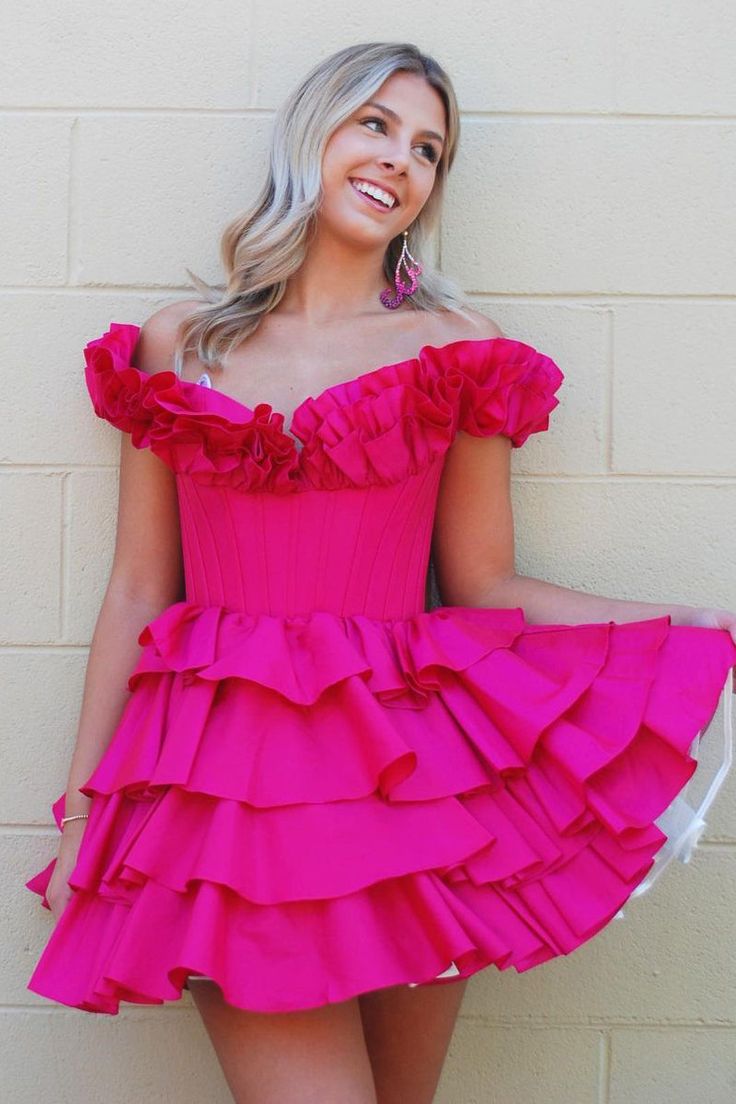 Fuchsia Off The Shoulder Ruffle Homecoming Dresses Mini Party Gown, LTP2949