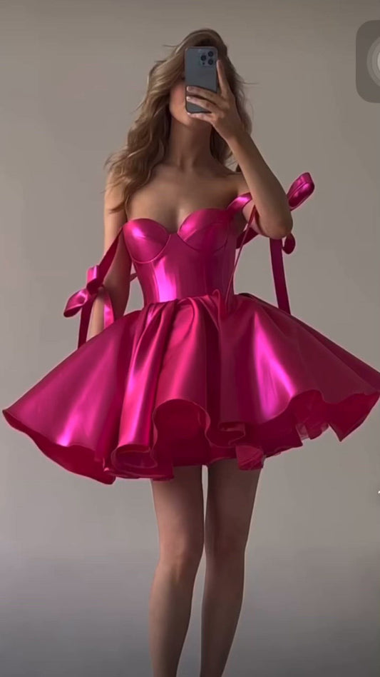 Fuchsia Off The Shoulder Short Ball Gown Homecoming Dresses Mini Birthday Dress, LTP2889