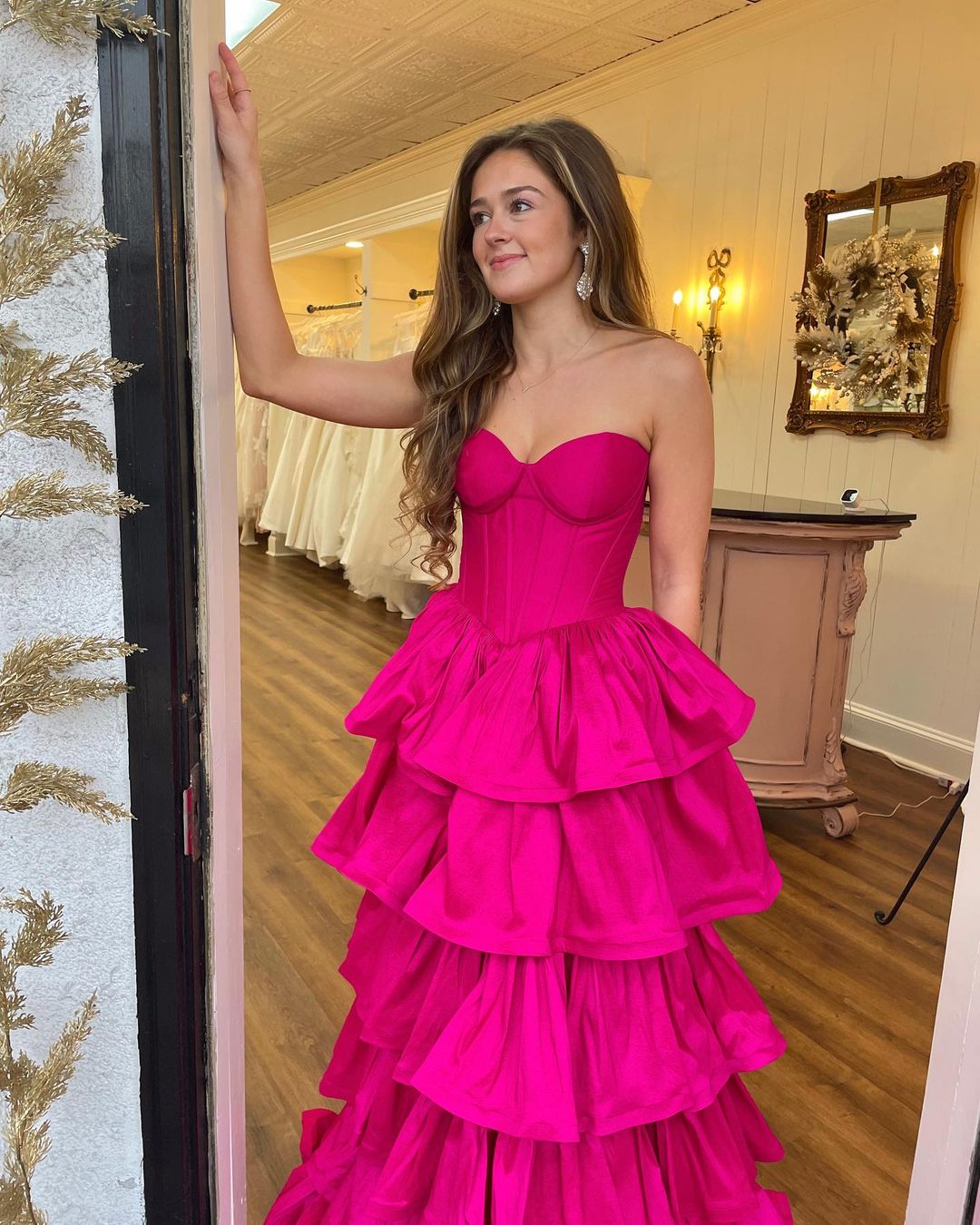 Fuchsia Ruffle Long Prom Dress Sweetheart Evening Gown, LTP3308