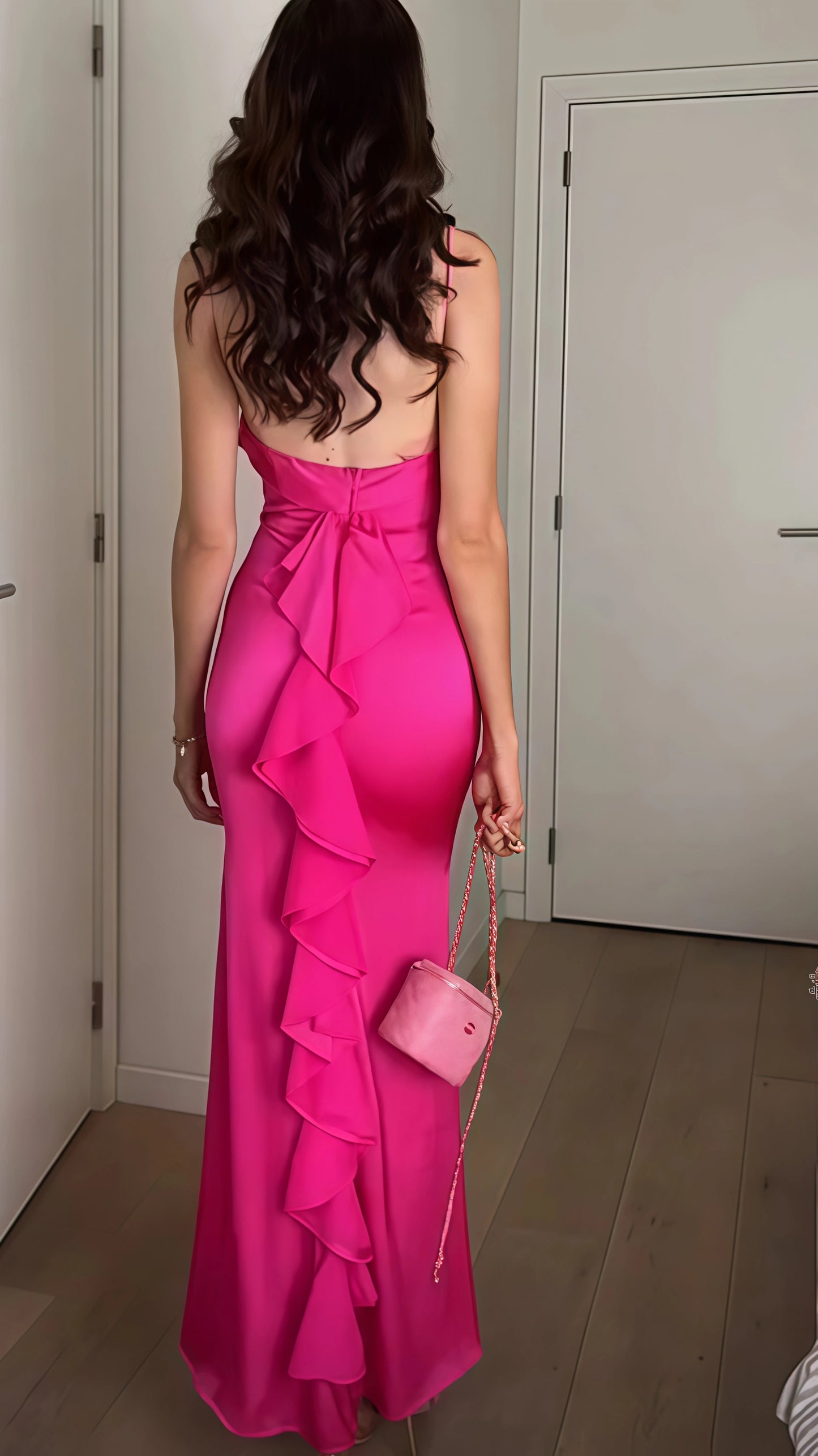 Fuchsia Ruffle Prom Dresses, Sexy Backless Mermaid Party Dress ,LTP3431