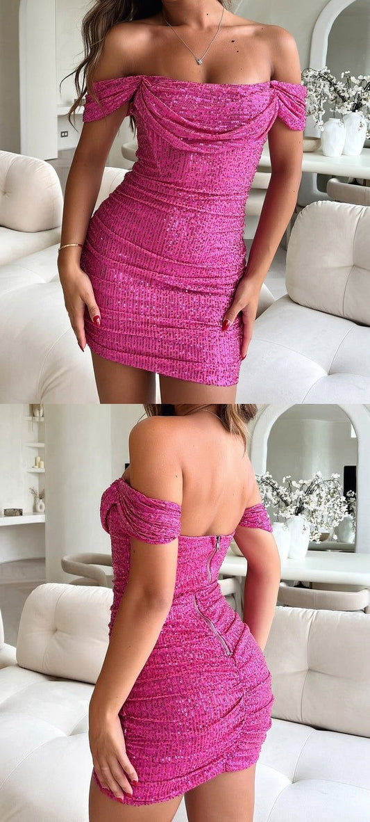 Fuchsia Sequined Homecoming Dresses Tight Mini Prom Dresses, LTP3146