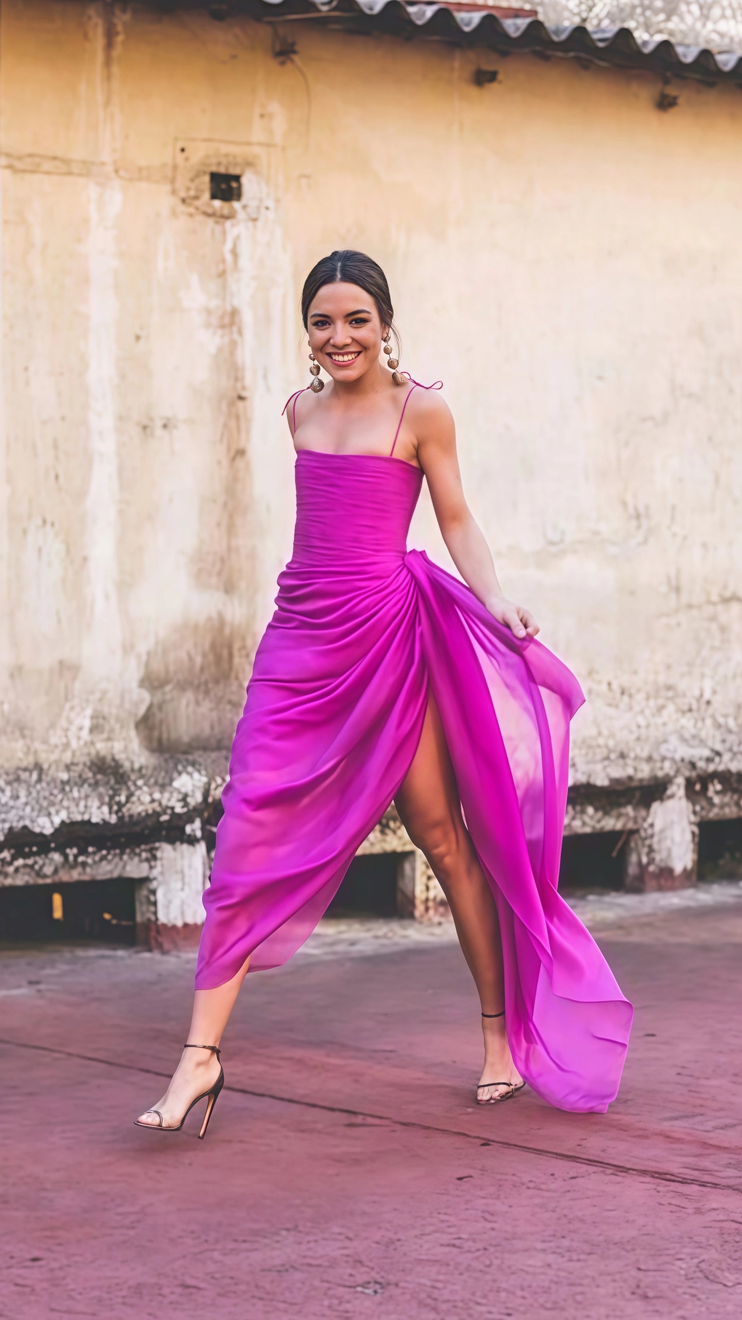 Fuchsia Spaghetti Straps Pleated Prom Dress Midi Dress, LTP3518