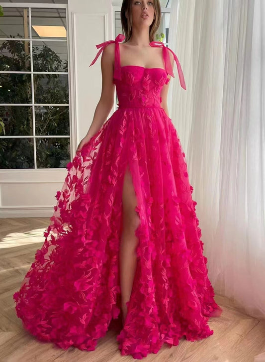 Fuchsia Tie Up Straps Lace Prom Dresses