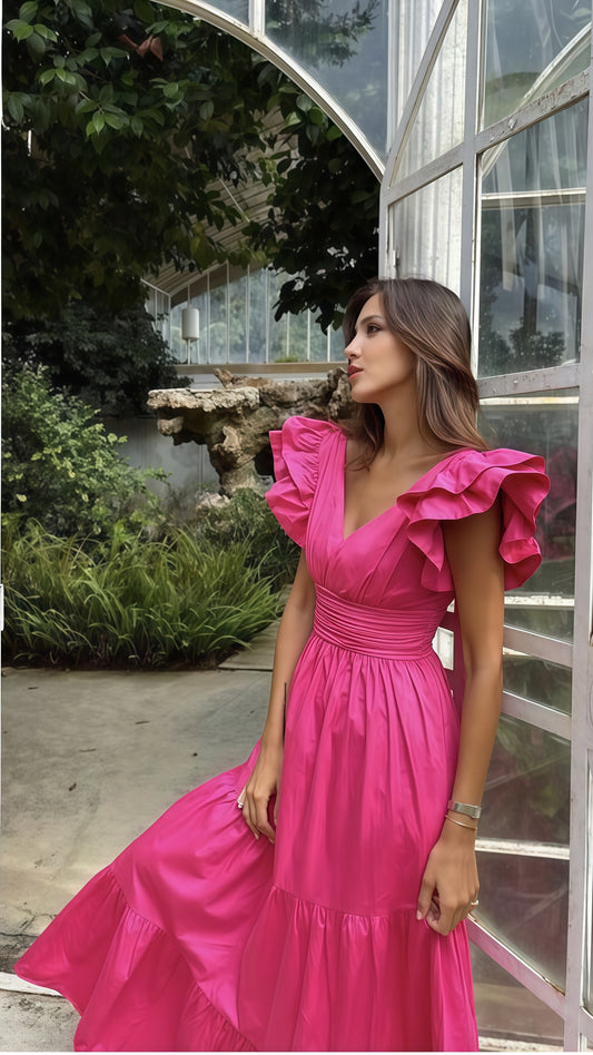 Fuchsia V-Neck Prom Dresses, A-Line Evening Gown, LTP3524