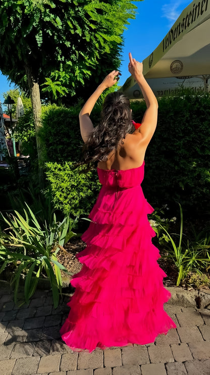 Fuchsia Strapless Tulle Ruffle Party Dress Floor Length Prom Dress, LTP3787