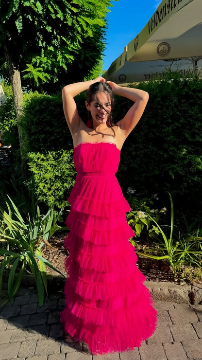 Fuchsia Strapless Tulle Ruffle Party Dress Floor Length Prom Dress, LTP3787