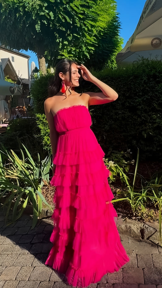 Fuchsia Strapless Tulle Ruffle Party Dress Floor Length Prom Dress, LTP3787