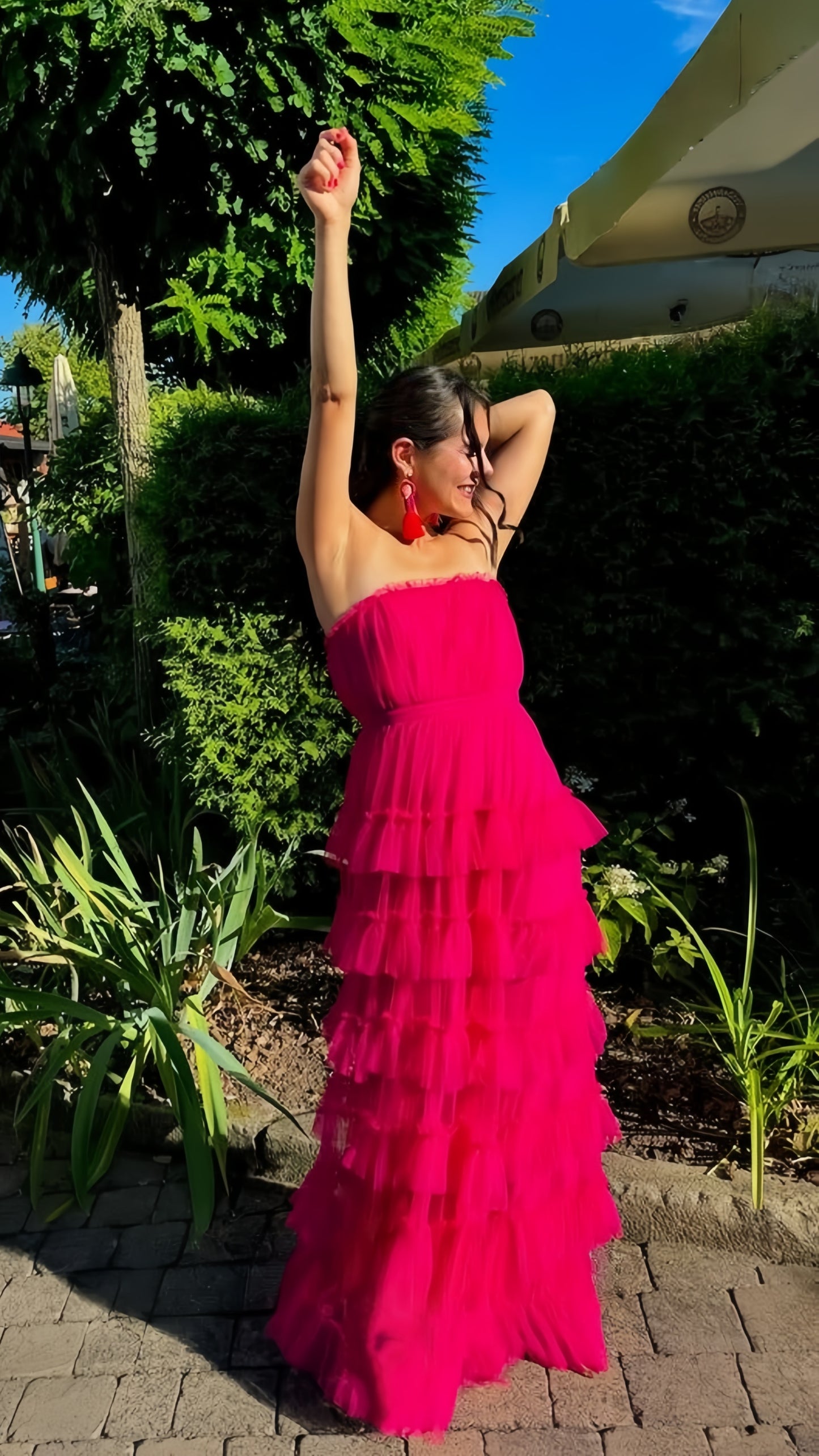 Fuchsia Strapless Tulle Ruffle Party Dress Floor Length Prom Dress, LTP3787