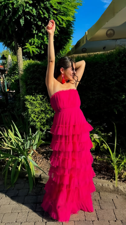 Fuchsia Strapless Tulle Ruffle Party Dress Floor Length Prom Dress, LTP3787