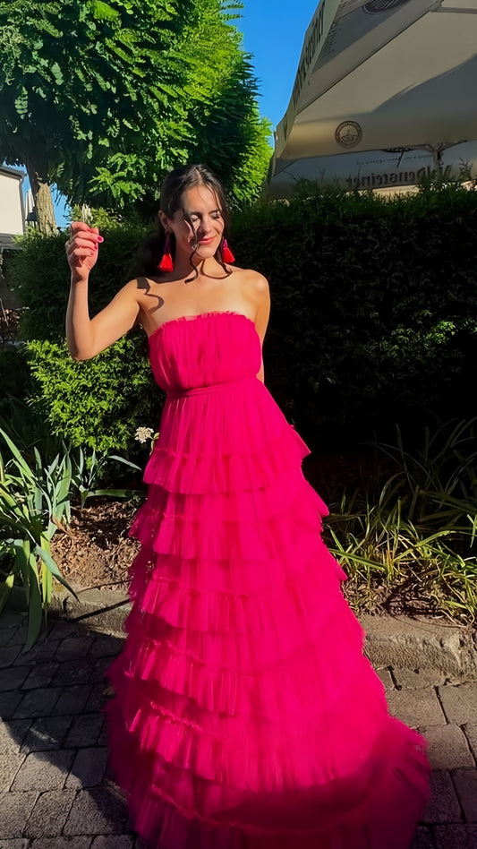 Fuchsia Strapless Tulle Ruffle Party Dress Floor Length Prom Dress, LTP3787
