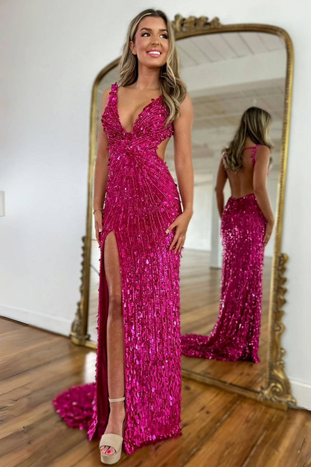 Luxury Black Beaded Mermaid Prom Gown with Plunging Neckline & Slit