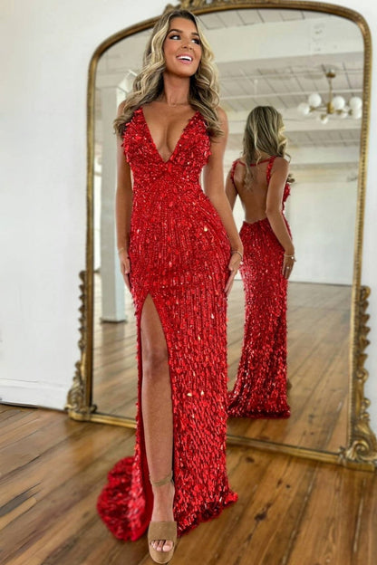 Luxury Black Beaded Mermaid Prom Gown with Plunging Neckline & Slit