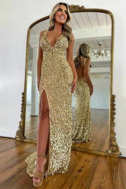Luxury Black Beaded Mermaid Prom Gown with Plunging Neckline & Slit