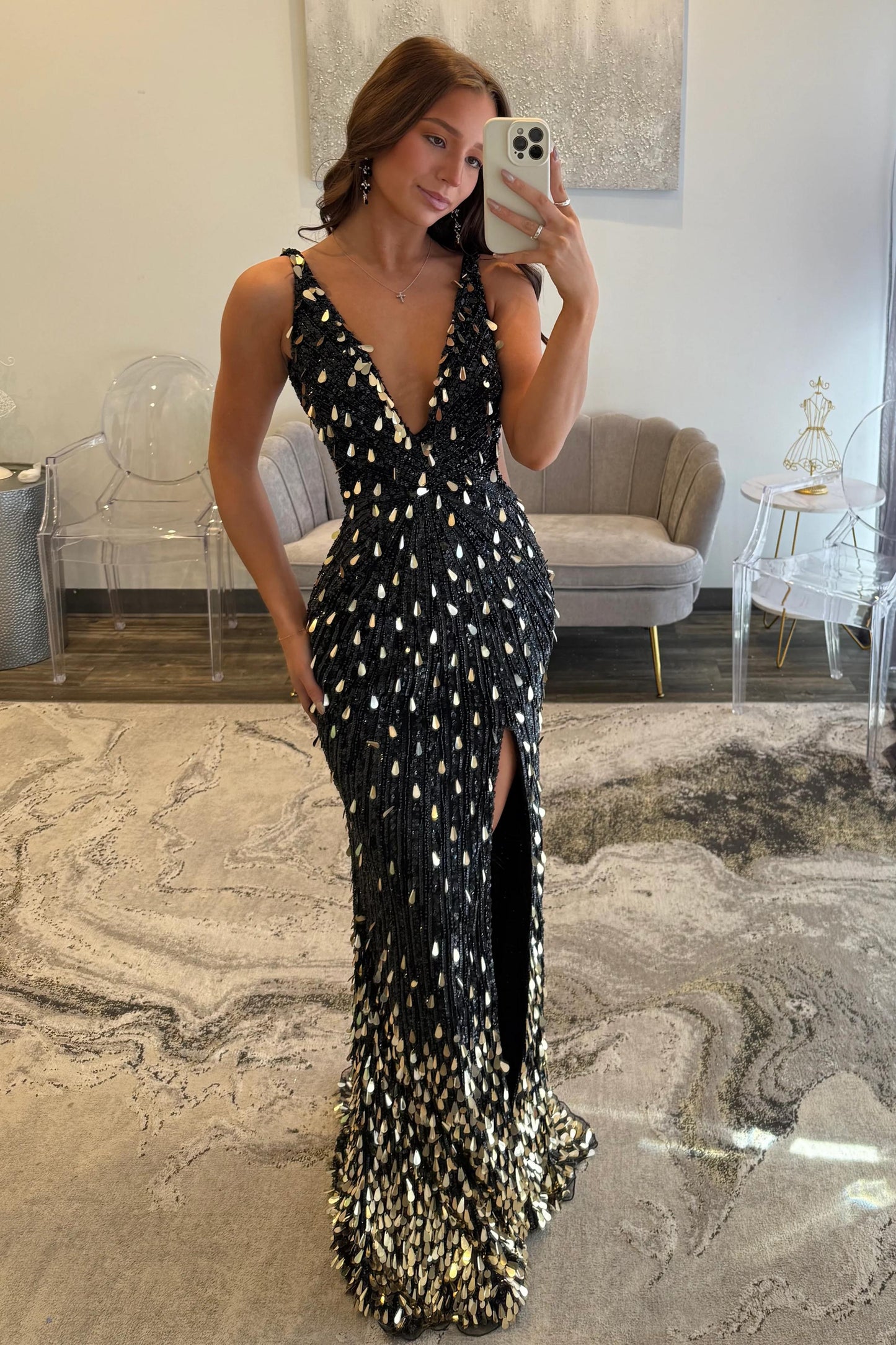 Luxury Black Beaded Mermaid Prom Gown with Plunging Neckline & Slit