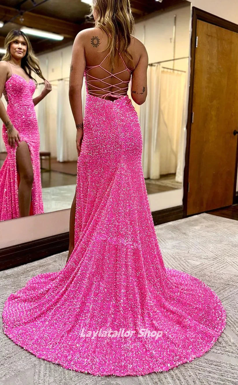 Sparkle V-Neck Sequined Long Formal Prom Dress