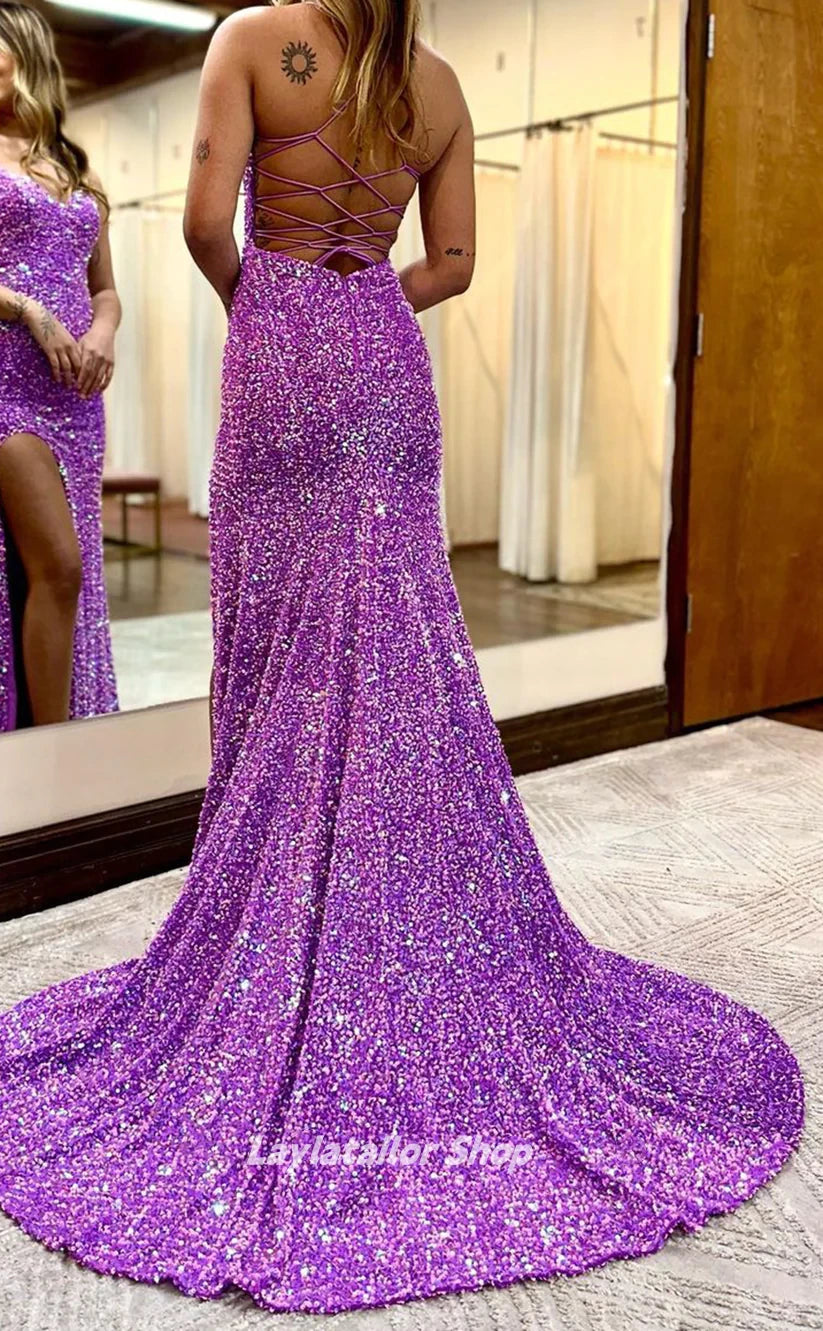 Sparkle V-Neck Sequined Long Formal Prom Dress