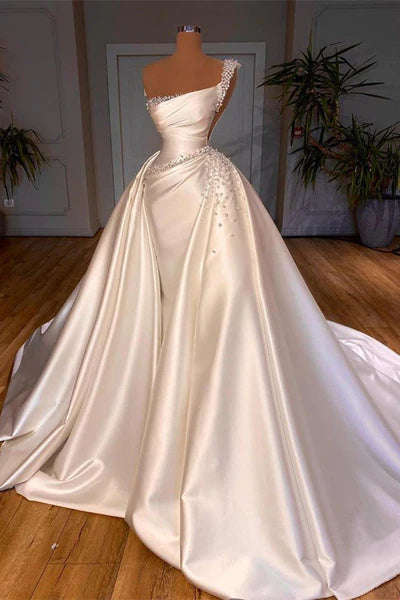 GLAMOROUS ONE SHOULDER PEARL WEDDING DRESS OVERSKIRT BRIDAL GOWNS