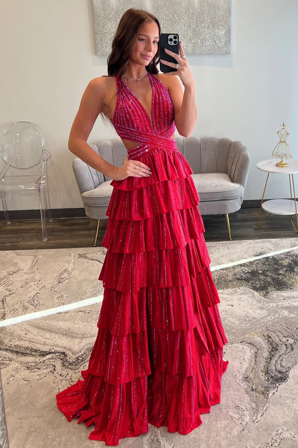 Sexy Sparkly Black A-Line V-Neck Layered Beaded Prom Dress with Leg Slit