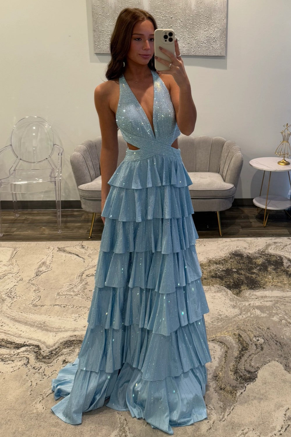 Sexy Sparkly Black A-Line V-Neck Layered Beaded Prom Dress with Leg Slit