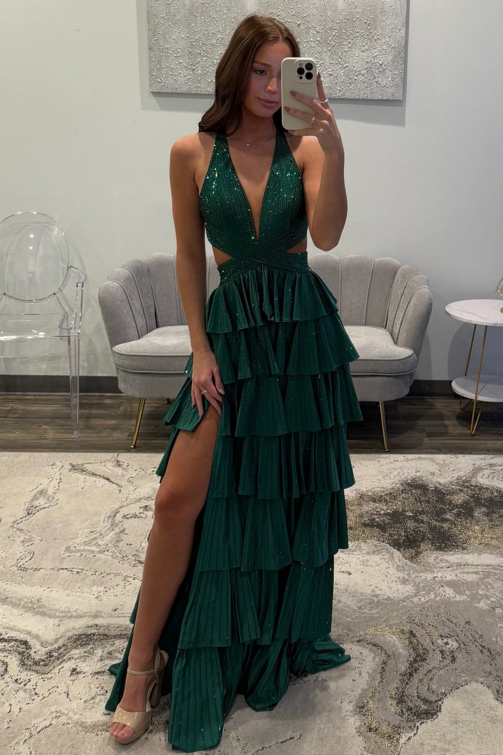 Sexy Sparkly Black A-Line V-Neck Layered Beaded Prom Dress with Leg Slit