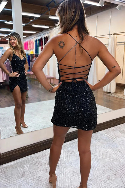 Pink Bodycon Spaghetti Straps Sequined Mini Party Dresses