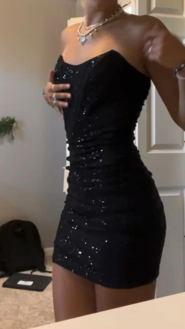 Glitter Black Sequined Homecoming Dresses Strapless Bodycon Party Dress,LTP3973