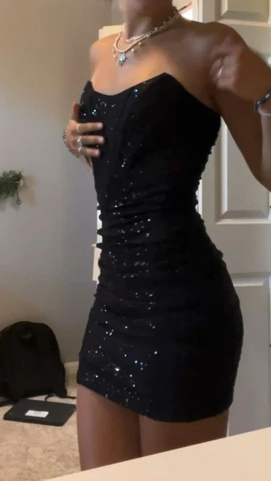 Glitter Black Sequined Homecoming Dresses Strapless Bodycon Party Dress,LTP3973