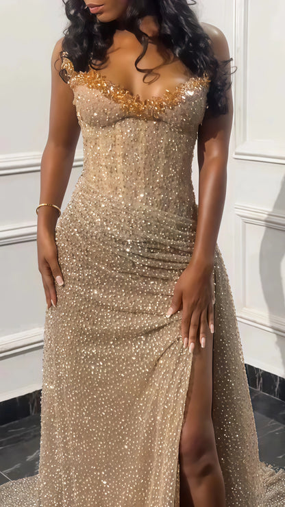 Glitter Bodycon Champagne Evening Prom Dress, Sexy Beaded Split Party Formal Gown,LTP3663