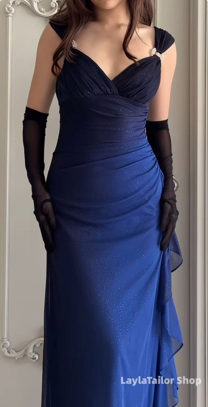 Glitter Chiffon Ruffle Prom Dress Black Blue Party Dresses,LTP4539