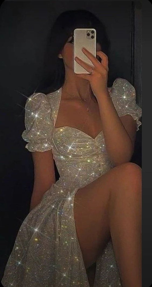 Glitter Evening Dress, Short Sleeves Party Dress, Sexy Slit Prom Dress, LTP3729