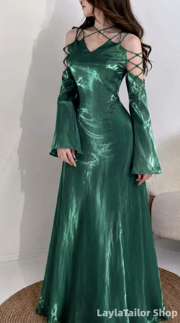 Glitter Green Sheath Organza Long Party Dresses LTP82717