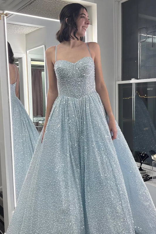 Glitter Light Blue A-Line Prom Dresses Empire-Waist Sleeveless Prom Dress,LTP4438