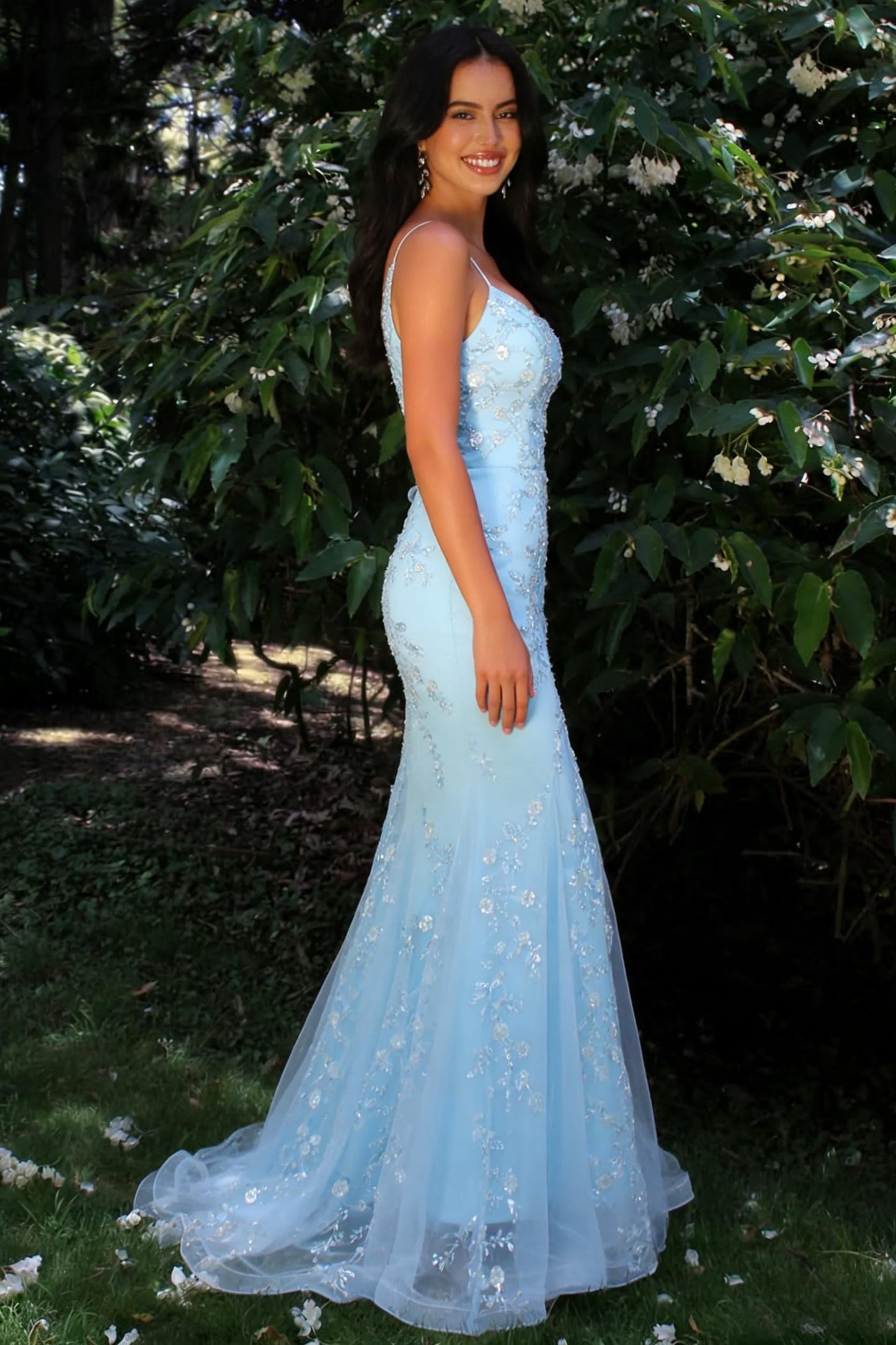Glitter Light Blue Spaghetti Straps Floral Appliqu¨¦ Mermaid Prom Dress