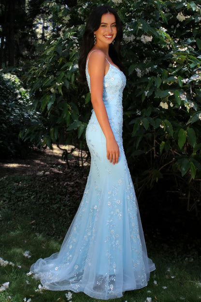 Glitter Light Blue Spaghetti Straps Floral Appliqu¨¦ Mermaid Prom Dress