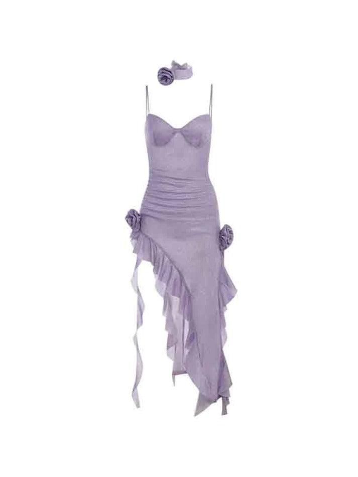 Glitter Light Purple Floral Ruffle Prom Dress Spaghetti Straps Homecoming Dresses