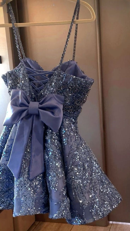 Glitter Lilac Sequined Homecoming Dresses Tie Back Graduation Dress Short Party Dresses,LTP3819